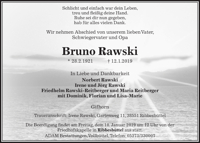  Traueranzeige für Bruno Rawski vom 15.01.2019 aus Aller Zeitung