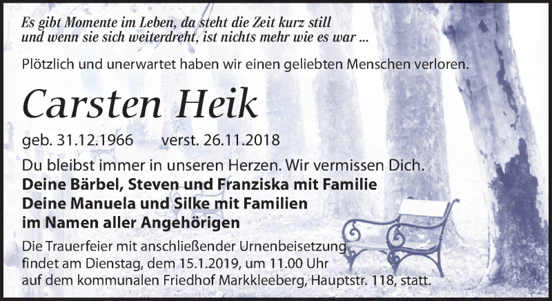 Traueranzeige für Carsten Heik vom 05.01.2019 aus Leipziger Volkszeitung