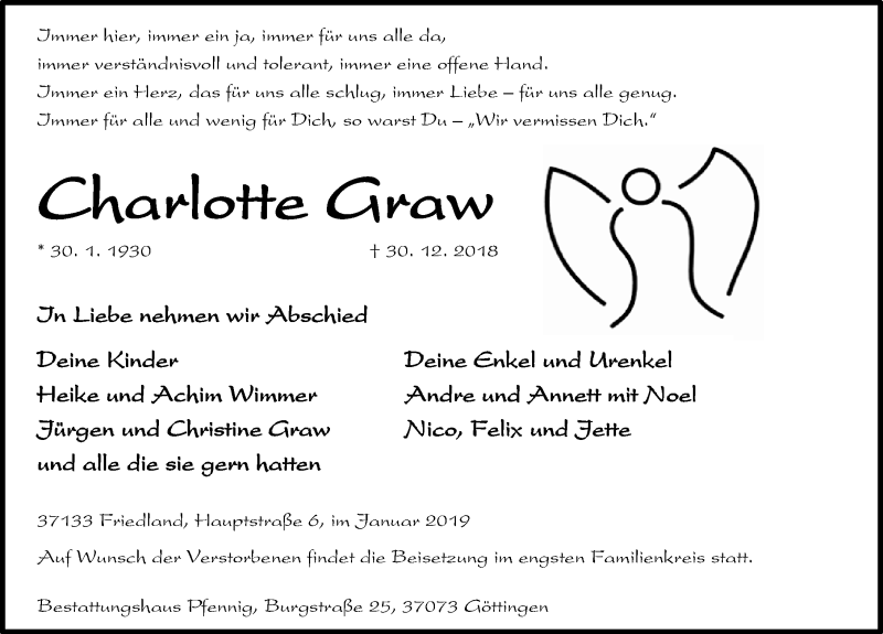  Traueranzeige für Charlotte Graw vom 05.01.2019 aus Göttinger Tageblatt