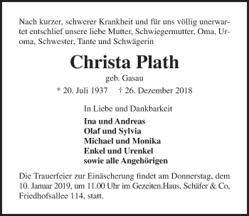 Traueranzeige von Christa Plath von Lübecker Nachrichten