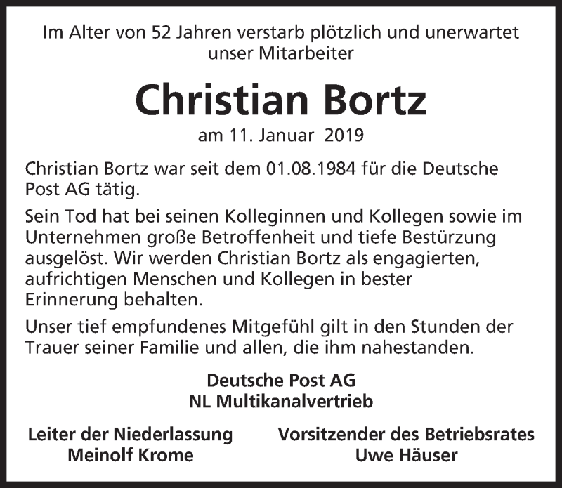  Traueranzeige für Christian Bortz vom 19.01.2019 aus Hannoversche Allgemeine Zeitung/Neue Presse