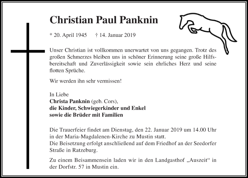  Traueranzeige für Christian  Panknin vom 19.01.2019 aus Lübecker Nachrichten