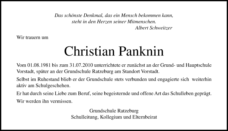  Traueranzeige für Christian  Panknin vom 19.01.2019 aus Lübecker Nachrichten