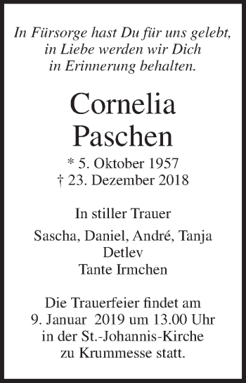Traueranzeige von Cornelia Paschen von Lübecker Nachrichten
