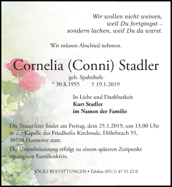 Traueranzeige von Cornelia Conni Stadler von Hannoversche Allgemeine Zeitung/Neue Presse