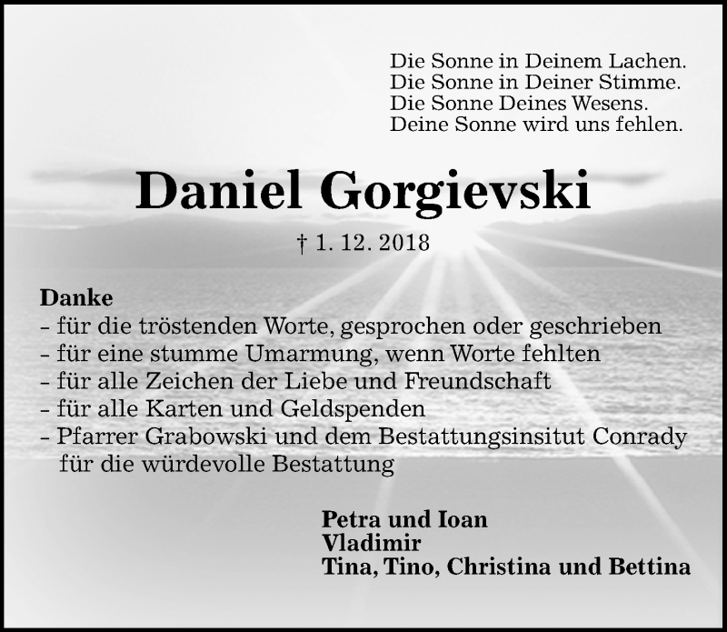  Traueranzeige für Daniel Gorgievski vom 05.01.2019 aus Göttinger Tageblatt