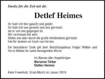 Traueranzeige von Detlef Heimes von Ostsee-Zeitung GmbH