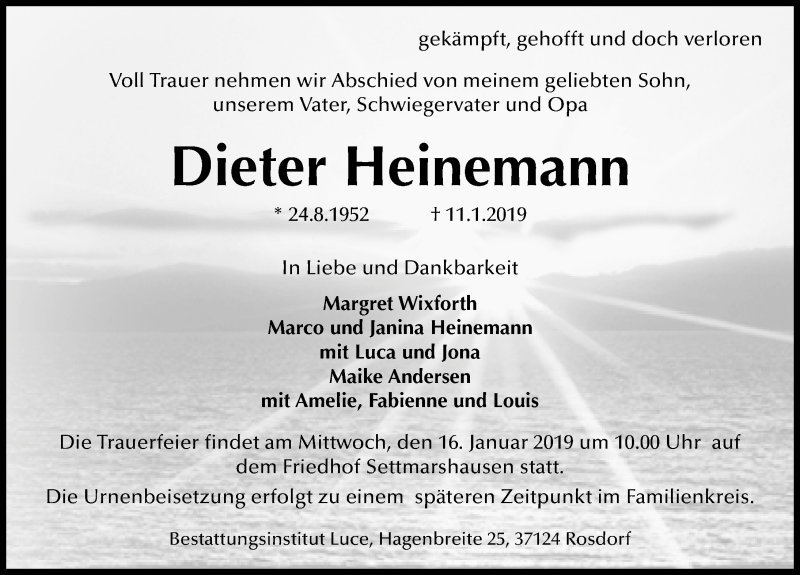  Traueranzeige für Dieter Heinemann vom 15.01.2019 aus Göttinger Tageblatt