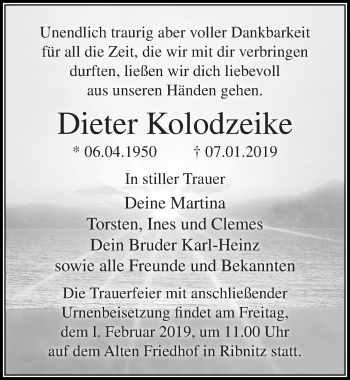 Traueranzeige von Dieter Kolodzeike von Ostsee-Zeitung GmbH