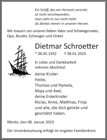 Traueranzeige von Dietmar Schroetter von Ostsee-Zeitung GmbH