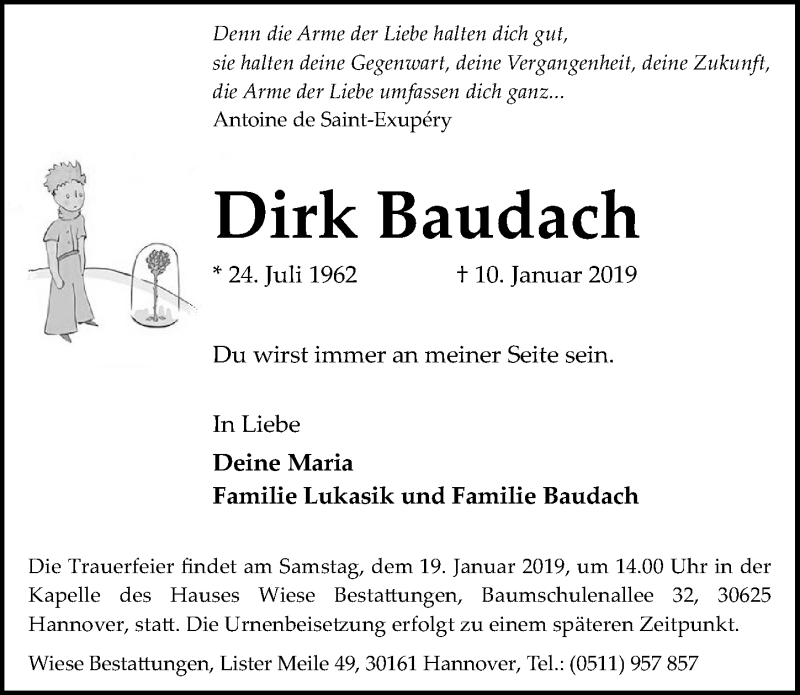  Traueranzeige für Dirk Baudach vom 16.01.2019 aus Hannoversche Allgemeine Zeitung/Neue Presse