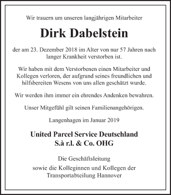 Traueranzeige von Dirk Dabelstein von Lübecker Nachrichten