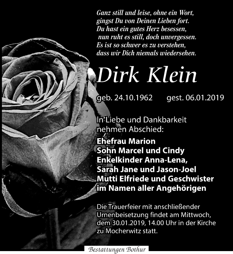  Traueranzeige für Dirk Klein vom 12.01.2019 aus Leipziger Volkszeitung