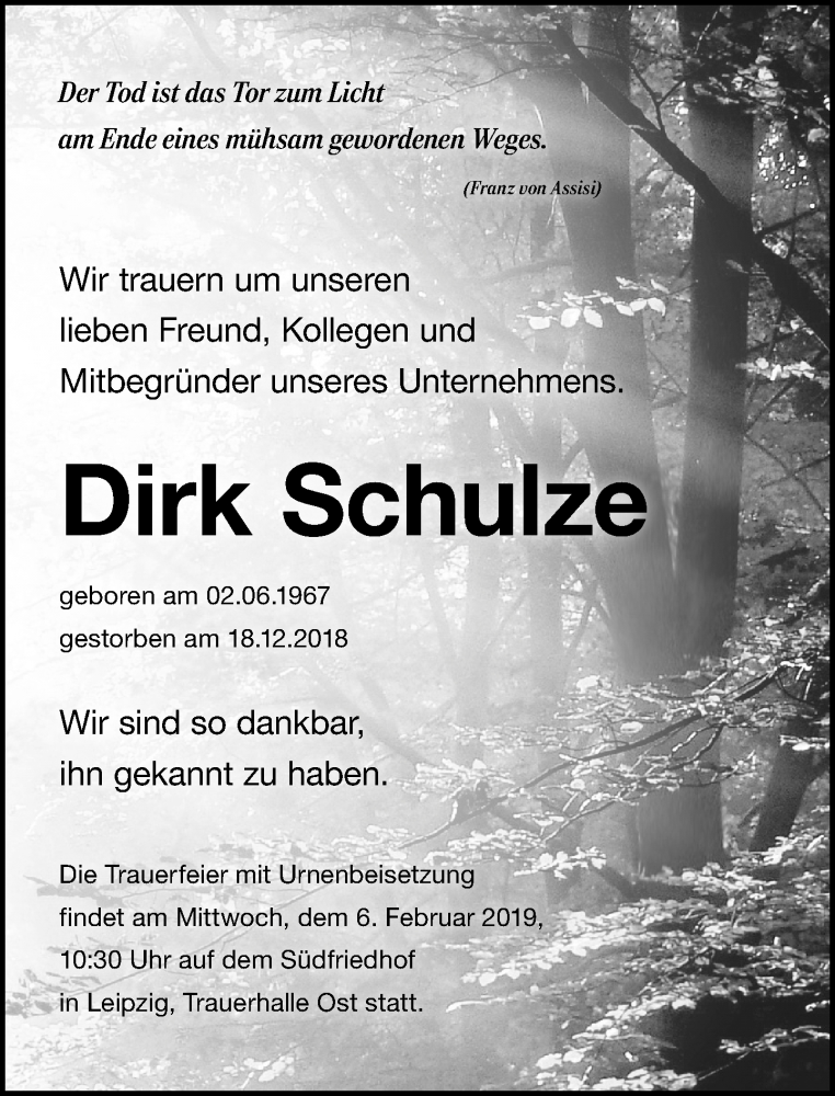  Traueranzeige für Dirk Schulze vom 26.01.2019 aus Leipziger Volkszeitung