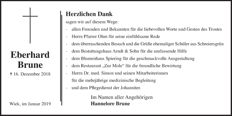  Traueranzeige für Eberhard Brune vom 19.01.2019 aus Ostsee-Zeitung GmbH