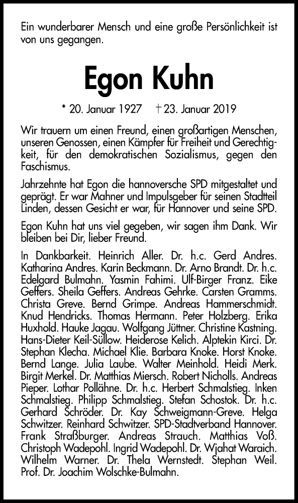  Traueranzeige für Egon Kuhn vom 26.01.2019 aus Hannoversche Allgemeine Zeitung/Neue Presse