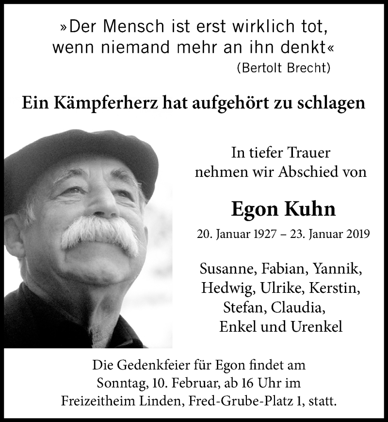  Traueranzeige für Egon Kuhn vom 26.01.2019 aus Hannoversche Allgemeine Zeitung/Neue Presse