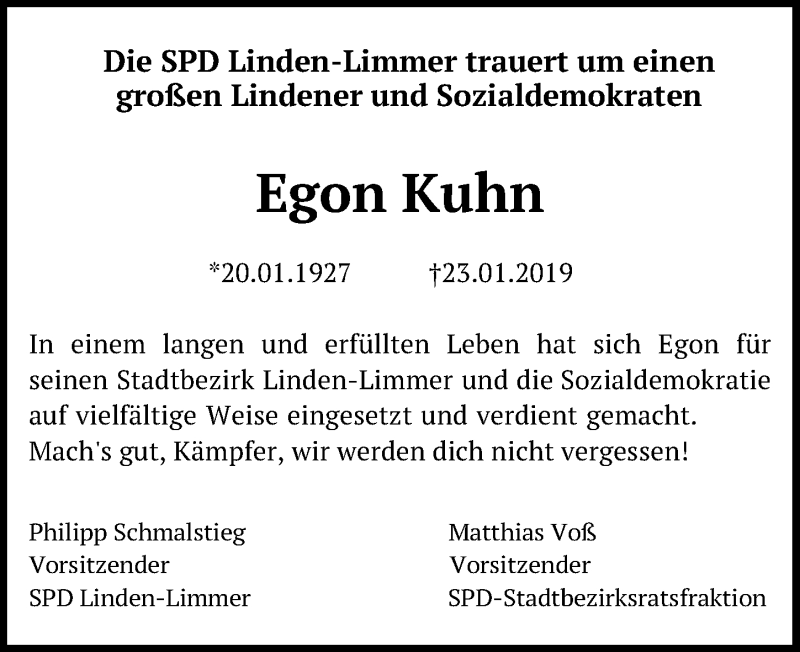  Traueranzeige für Egon Kuhn vom 26.01.2019 aus Hannoversche Allgemeine Zeitung/Neue Presse