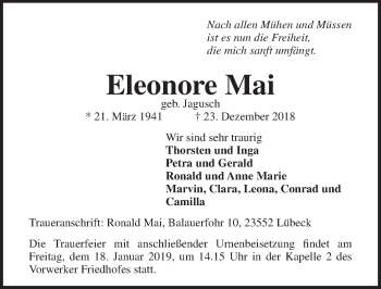 Traueranzeige von Eleonore Mai von Lübecker Nachrichten