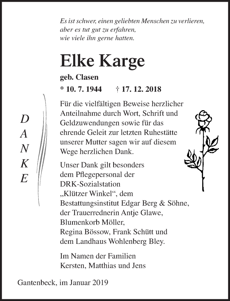  Traueranzeige für Elke Karge vom 12.01.2019 aus Ostsee-Zeitung GmbH