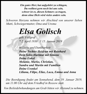 Traueranzeige von Elsa Golisch von Märkischen Allgemeine Zeitung