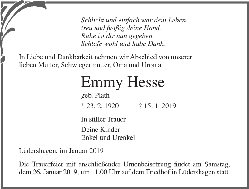  Traueranzeige für Emmy Hesse vom 19.01.2019 aus Ostsee-Zeitung GmbH
