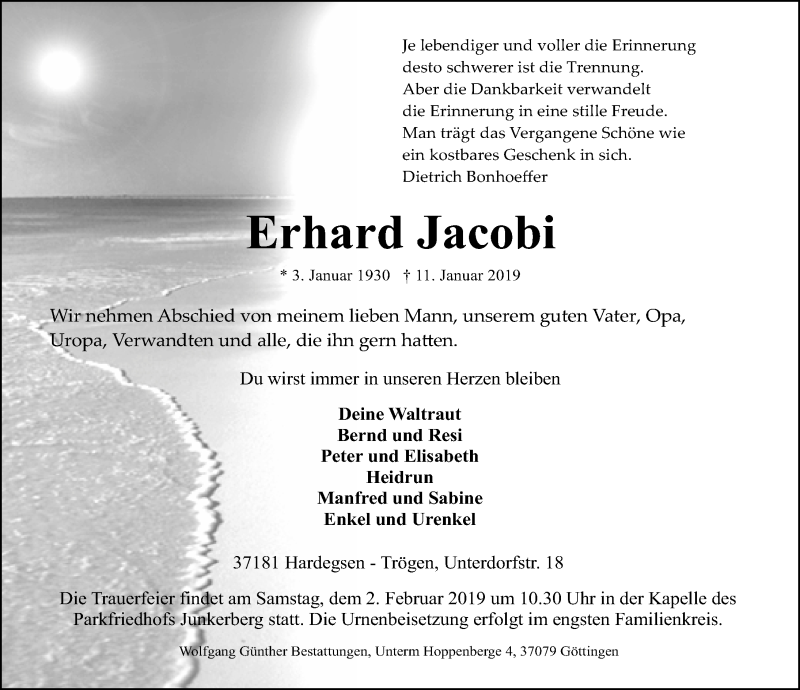 Traueranzeige für Erhard Jacobi vom 29.01.2019 aus 