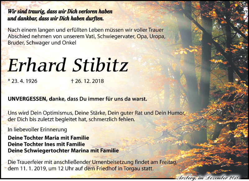  Traueranzeige für Erhard Stibitz vom 08.01.2019 aus Torgauer Zeitung
