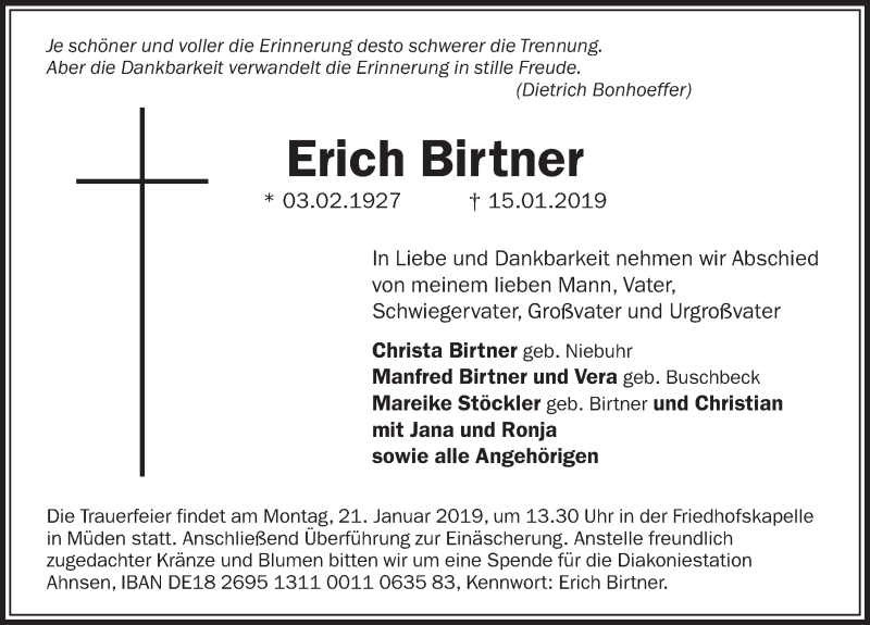  Traueranzeige für Erich Birtner vom 17.01.2019 aus Aller Zeitung
