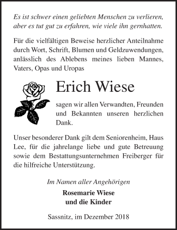 Traueranzeige von Erich Wiese von Ostsee-Zeitung GmbH