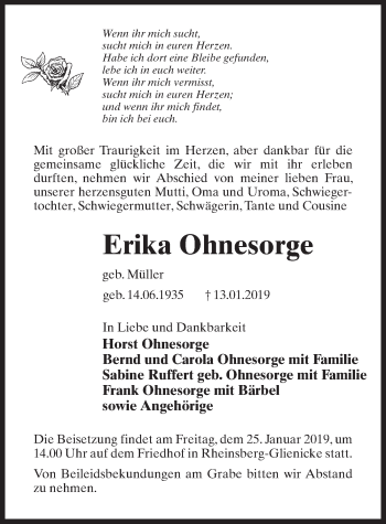 Traueranzeige von Erika Ohnesorge von Märkischen Allgemeine Zeitung