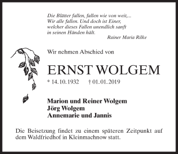 Traueranzeige von Ernst Wolgem von Märkischen Allgemeine Zeitung