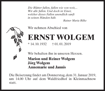 Traueranzeige von Ernst Wolgem von Märkischen Allgemeine Zeitung