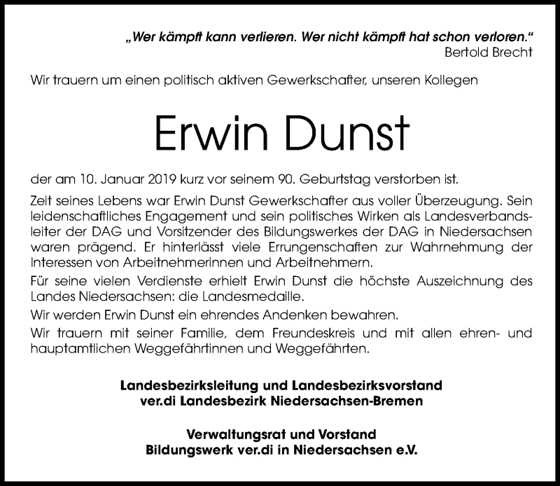  Traueranzeige für Erwin Dunst vom 26.01.2019 aus Hannoversche Allgemeine Zeitung/Neue Presse