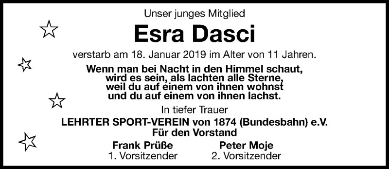  Traueranzeige für Esra Dasci vom 26.01.2019 aus Hannoversche Allgemeine Zeitung/Neue Presse
