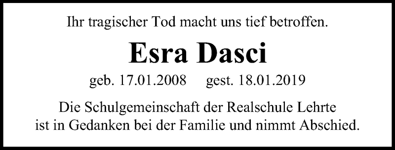  Traueranzeige für Esra Dasci vom 26.01.2019 aus Hannoversche Allgemeine Zeitung/Neue Presse