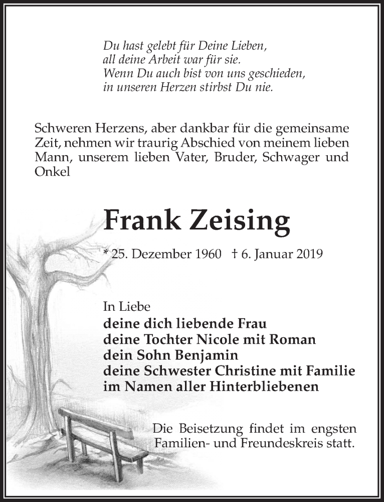  Traueranzeige für Frank Zeising vom 12.01.2019 aus Märkischen Allgemeine Zeitung