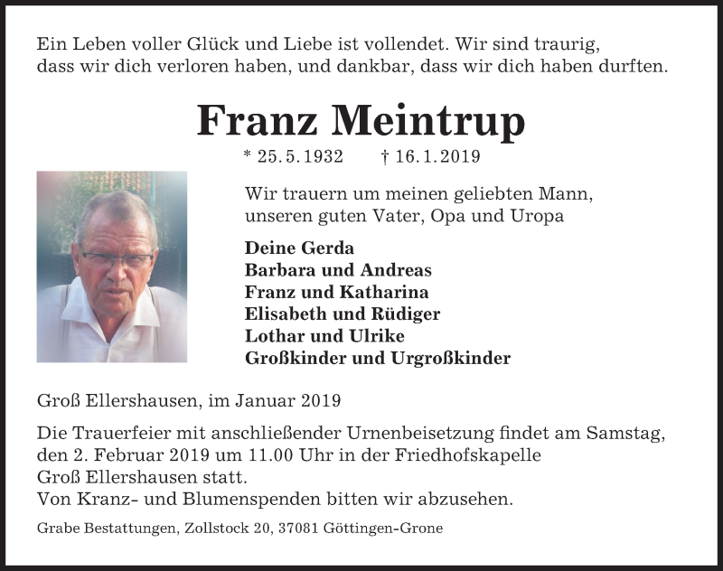  Traueranzeige für Franz Meintrup vom 19.01.2019 aus Göttinger Tageblatt