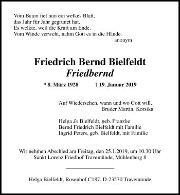 Traueranzeige von Friedrich Bernd Bielfeldt von Lübecker Nachrichten