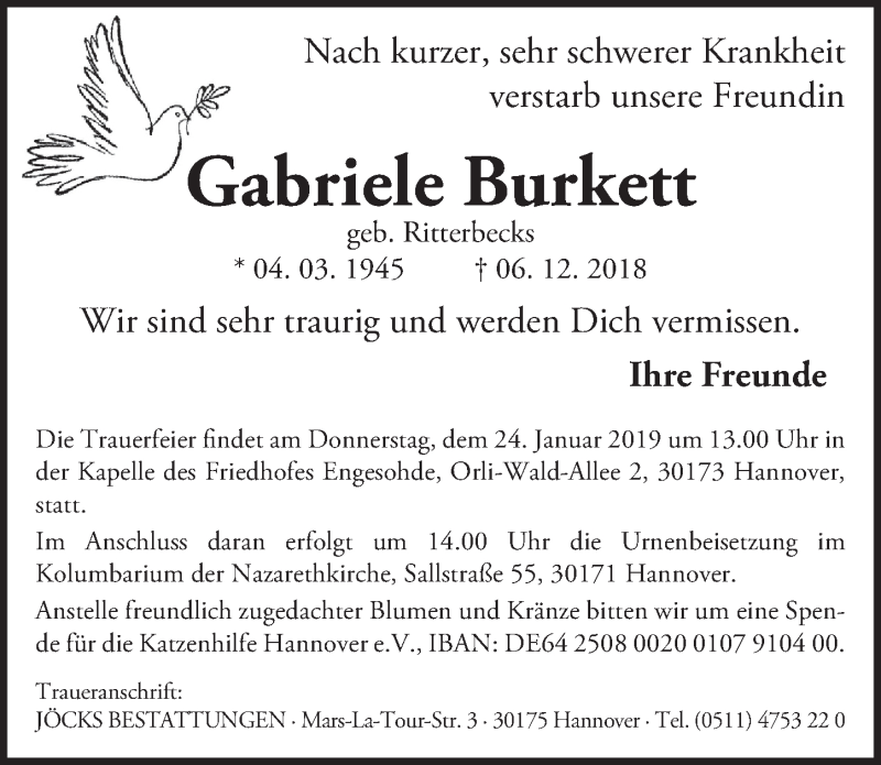  Traueranzeige für Gabriele Burkett vom 19.01.2019 aus Hannoversche Allgemeine Zeitung/Neue Presse