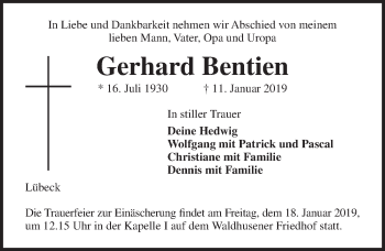 Traueranzeige von Gerhard Bentien von Lübecker Nachrichten