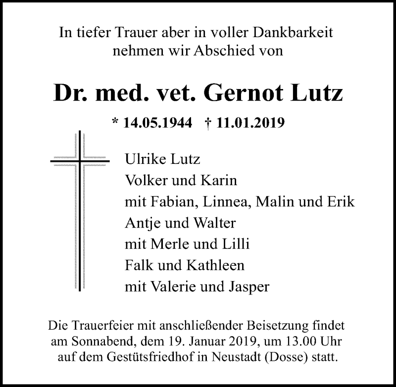  Traueranzeige für Gernot Lutz vom 16.01.2019 aus Märkischen Allgemeine Zeitung