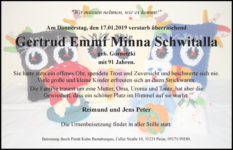  Traueranzeige für Gertrud Emmi Minna Schwitalla vom 19.01.2019 aus Peiner Allgemeine Zeitung