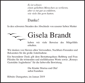 Traueranzeige von Gisela Brandt von Ostsee-Zeitung GmbH