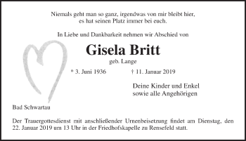 Traueranzeige von Gisela Britt von Lübecker Nachrichten