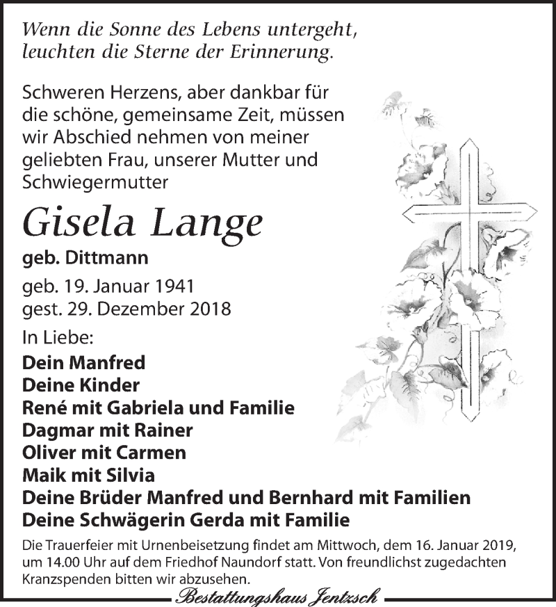 Traueranzeige für Gisela Lange vom 05.01.2019 aus Leipziger Volkszeitung
