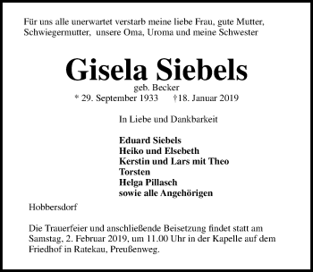 Traueranzeige von Gisela Siebels von Lübecker Nachrichten