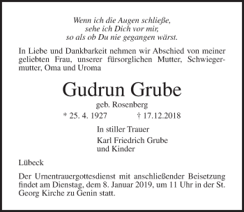 Traueranzeige von Gudrun Grube von Lübecker Nachrichten