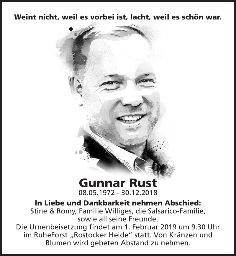  Traueranzeige für Gunnar Rust vom 19.01.2019 aus Ostsee-Zeitung GmbH