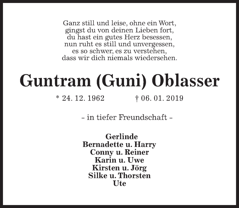  Traueranzeige für Guntram Guni Oblasser vom 12.01.2019 aus Hannoversche Allgemeine Zeitung/Neue Presse